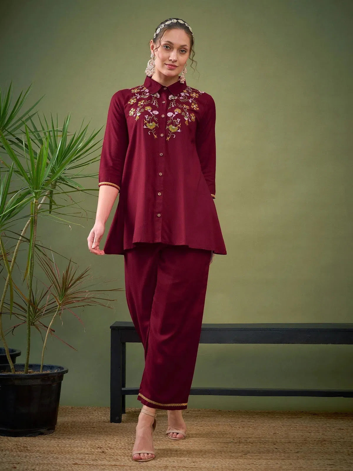 Women Maroon Front Embroidered Shirt With Palazzos