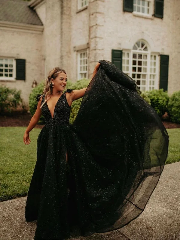 Deep V-neck Black Sequin Tulle Prom Dresses, A-line Girls' Party Dresses, Graduation Party Dresses, 2023 Prom Dresses