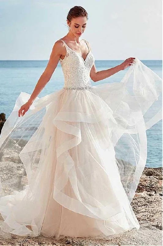 Spaghetti Straps Neckline Backless V-Neck Tulle A-Line Wedding Dresses With Beaded