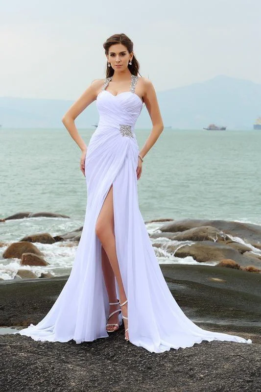 Sheath Straps Beading Long Halter Chiffon Slit Sweetheart Beach Wedding Dresses