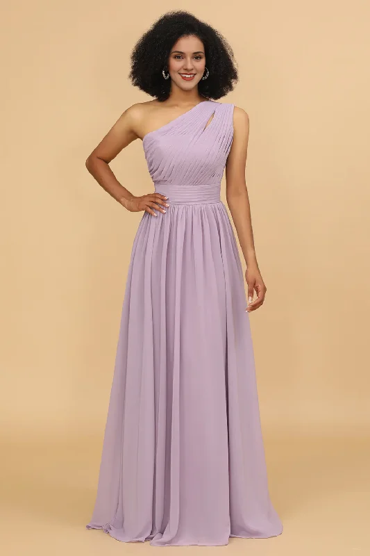 Light purple A-line shoulder long chiffon ruffled bridesmaid dress