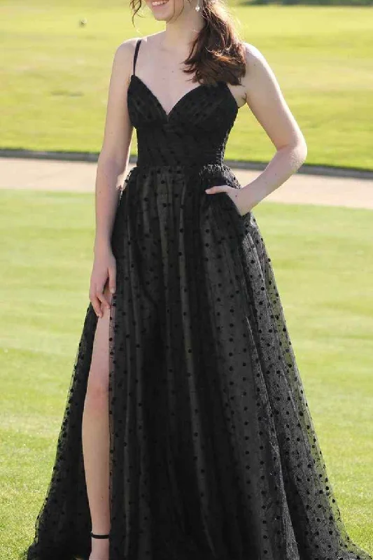 Black A-line Tulle Long Formal Dress