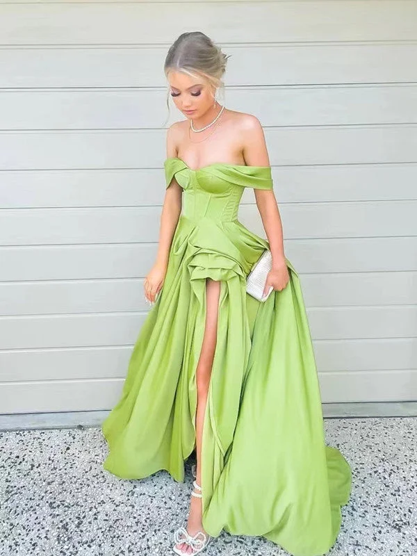 Off The Shoulder Green Prom Dresses, A-line Popular Long Prom Dresses, Newest 2022 Evening Dresses