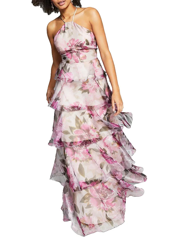 Juniors Womens Floral-Print Maxi Evening Dress