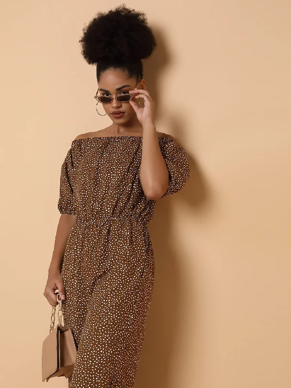 Women Off-Shoulder Printed Brown Basic Jumpsuit-SH-8119-Brown