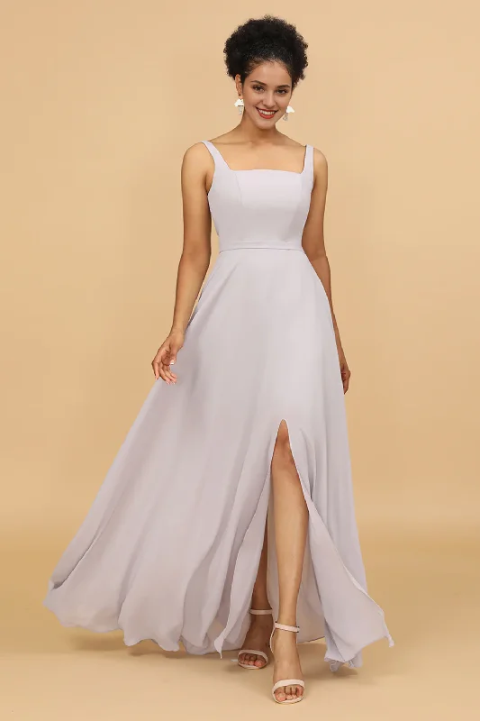 Grey tight square neck long chiffon bridesmaid dress