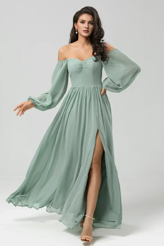 Matcha A-line slit open shoulder chiffon bridesmaid dress