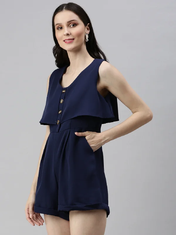 Women V-Neck Solid Navy Blue Playsuit-SH-7166-Navyblue