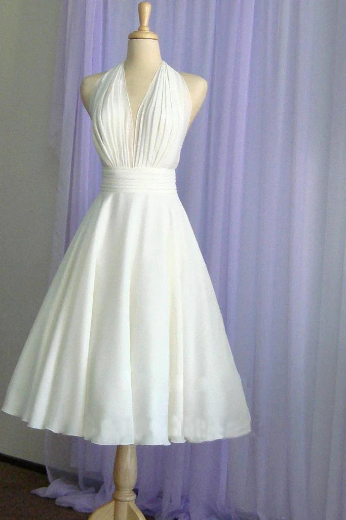 Halter Tea Length A Line Backless Chiffon with Pleated Bodice Wedding Dresses