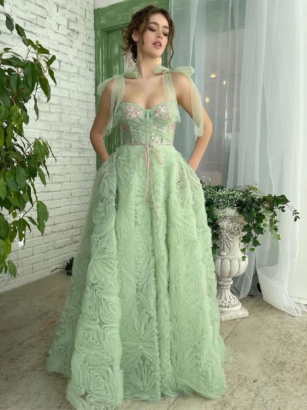 Wrinkled Green Deigner Tulle Prom Dresses, A-line Prom Dresses, Popular Prom Dresses, 2023 Prom Dresses, Girl Party Dresses