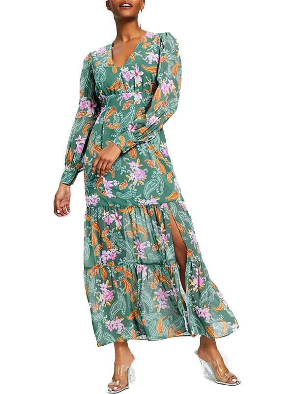 Petites Womens Chiffon Floral Maxi Dress