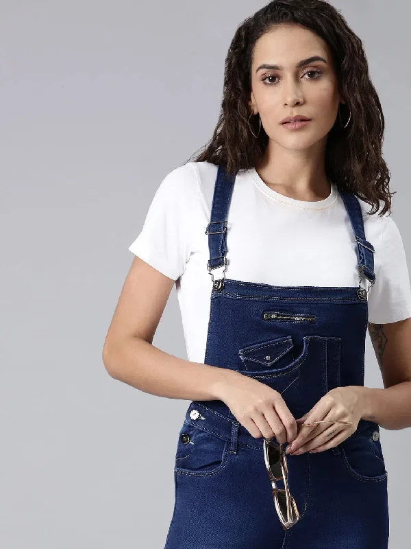 Women Blue Solid Dungaree-CR-7209-Blue