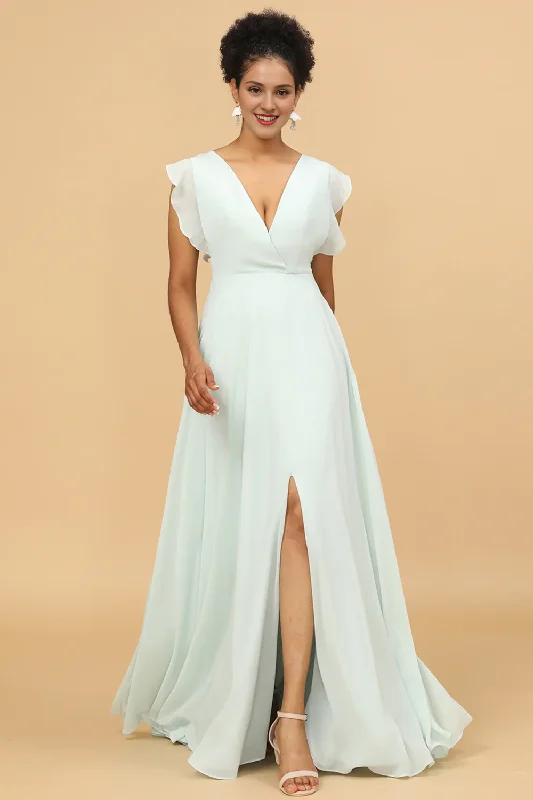 Mint V-neck long slit chiffon bridesmaid dress