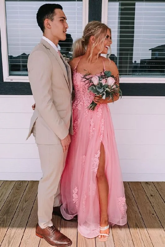 Lace Up Back Pink A-line Long Formal Dress