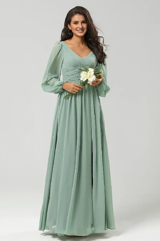 Matcha A-line pleated chiffon and floor slit bridesmaid dress