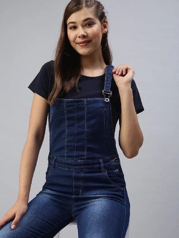 Women Solid Blue Denim Dungaree-CR-7240-Blue