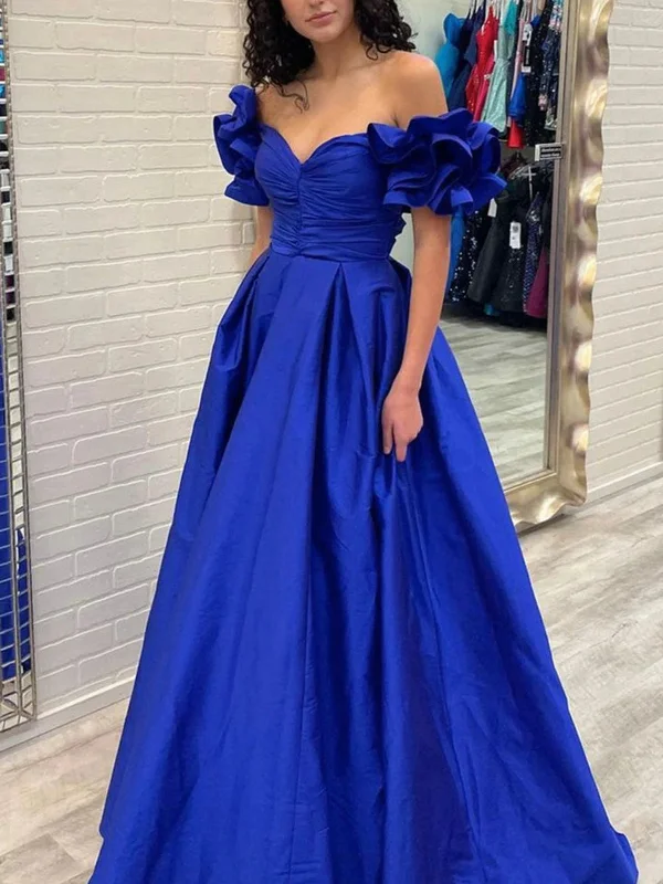 Royal Blue Satin A-line Prom Dresses, Ruffled Sleeves Prom Dresses, Popular 2022 Prom Dresses