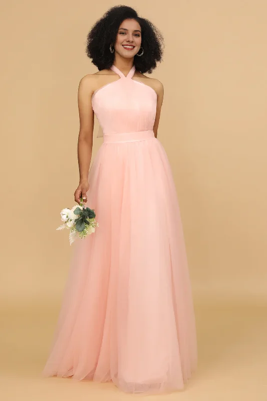 Powder blusher A-shaped neck and floor tulle bridesmaid dress