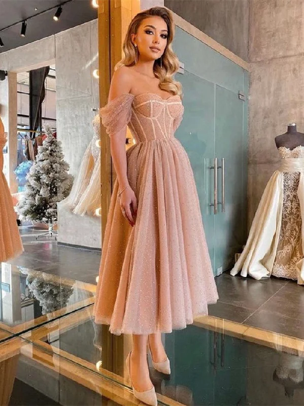 Off Shoulder Nude Pink Sequin Tulle Prom Dresses, Classic Corset Prom Dresses, 2021 Prom Dresses