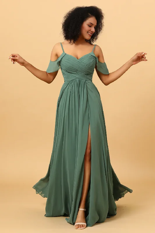 Eucalyptus A-line slim shoulder strap long slit chiffon bridesmaid dress