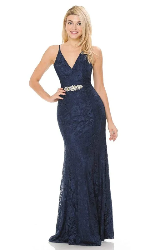 Lenovia - 5192 Lace V Neck Long Sheath Dress