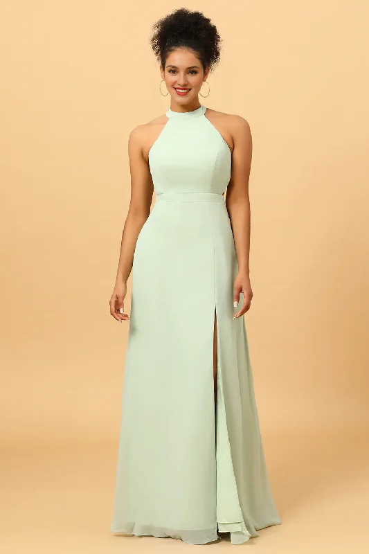 Dusty Sage long slit chiffon bridesmaid dress