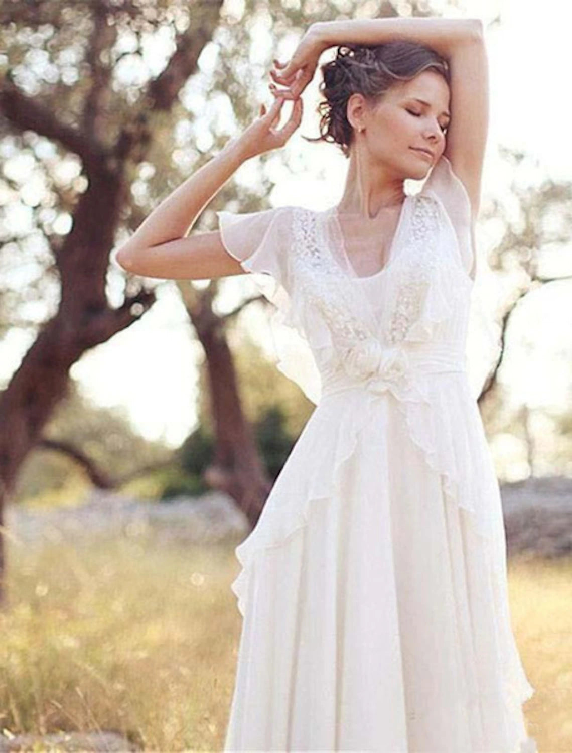 Beach Boho Wedding Dresses A-Line V Neck Short Sleeve Floor Length Chiffon Bridal Gowns With Beading Appliques  Summer Wedding Party, Women's Clothing