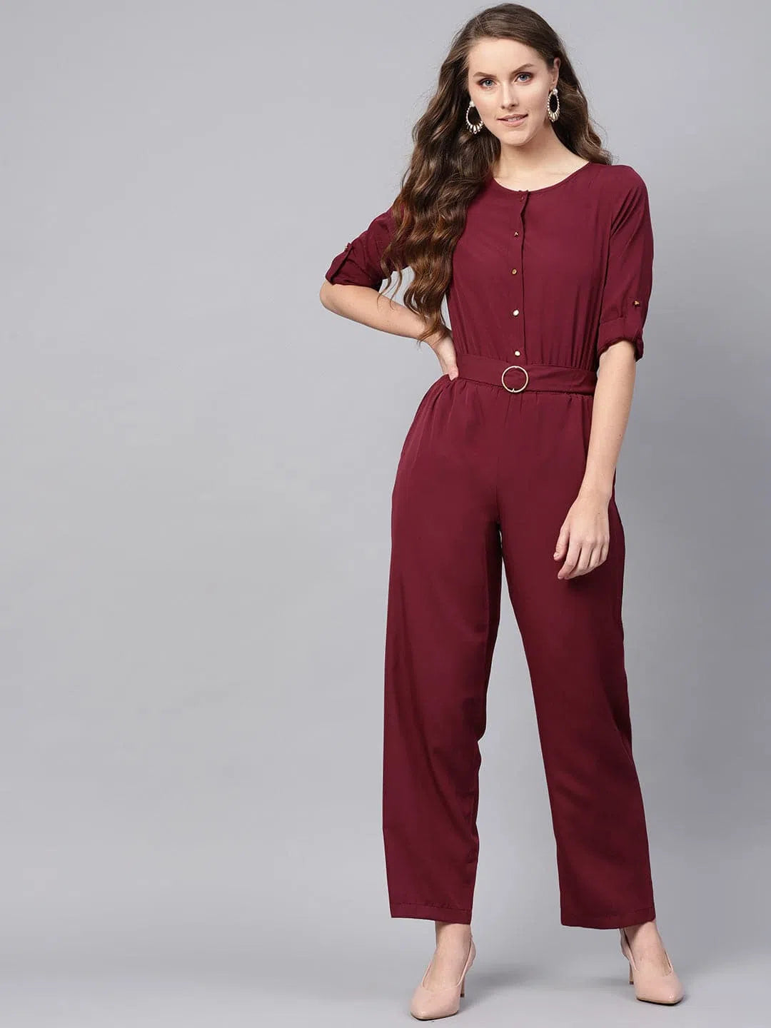 Women Solid Maroon Jumpsuits & Sets