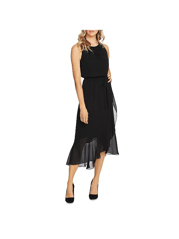 Womens Ruffled Pleated-Neck Midi Dress