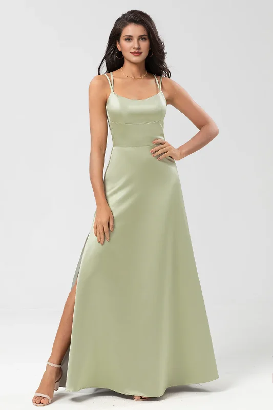 Dusty Sage A-line thin shoulder strap and floor length slit satin bridesmaid dress