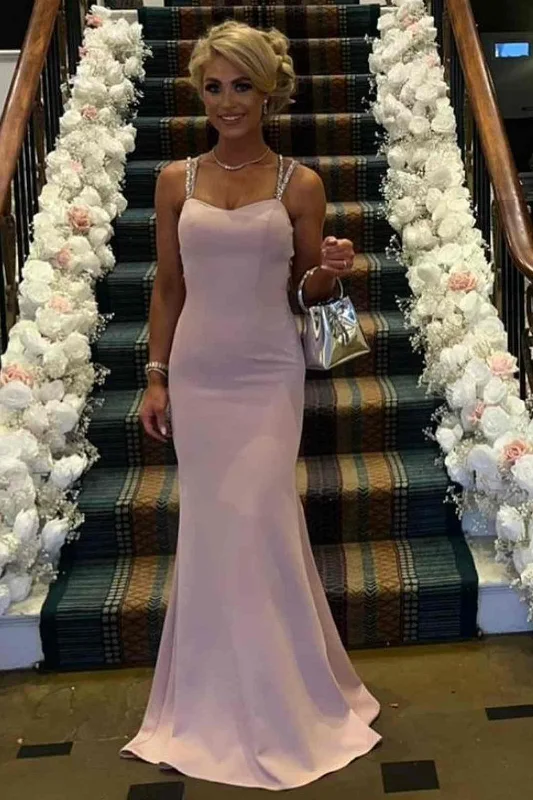 Pink Mermaid Scoop Sleeveless Satin Long Formal Evening Gown