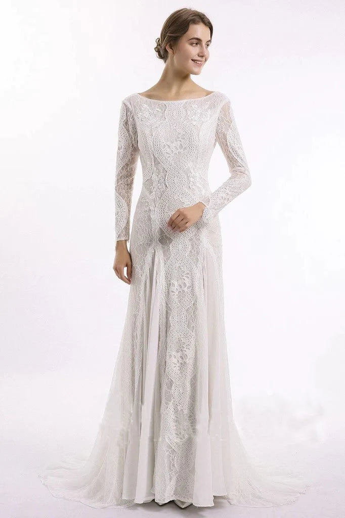 Sheath Long Sleeve Ivory Lace Wedding Dresses See Through Backless Boho Bridal Dresses