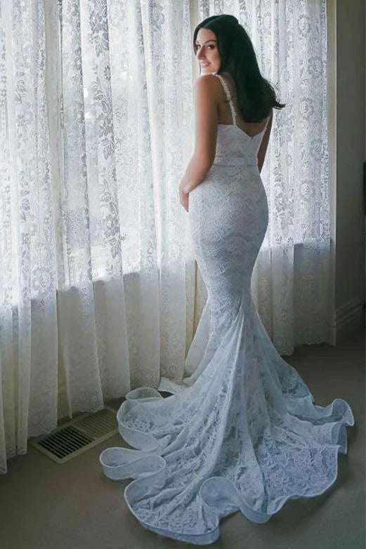 Mermaid Spaghetti Straps Ivory Sweetheart Wedding Dress Lace Bridal Gowns