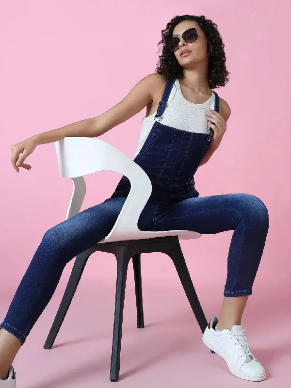 Women's Navy Blue Solid Dungaree-CR-7240-Navyblue