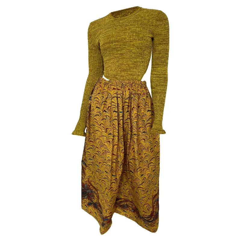 Ulla Johnson Marcellina Cutout Ribbed-Knit Printed Taffeta Midi Dress In Yellow Polyester