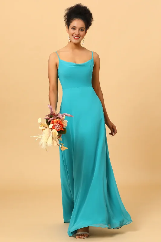 Jade colored thin shoulder strap long chiffon bridesmaid dress