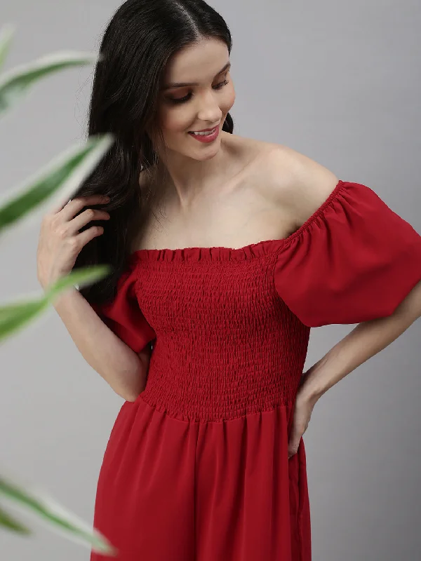 Women Off-Shoulder Solid Red Culotte Jumpsuit-SH-8181-Red