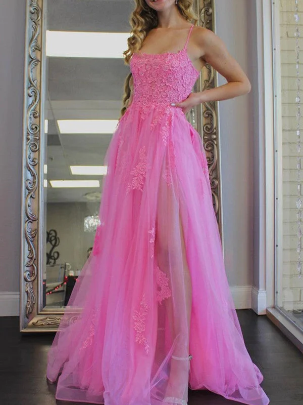 Pink Color Lace Tulle Long 2022 Prom Dresses, School Party Evening Dresses, Newest Long Prom Dresses