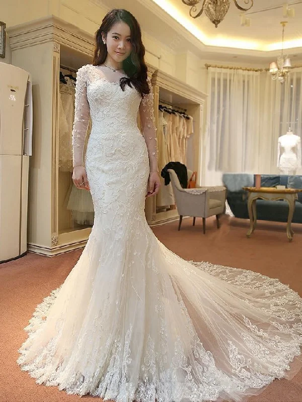 Elegant Mermaid Scoop Neck Tulle Beads Lace Appliques Chapel Train Long Sleeve Wedding Dress