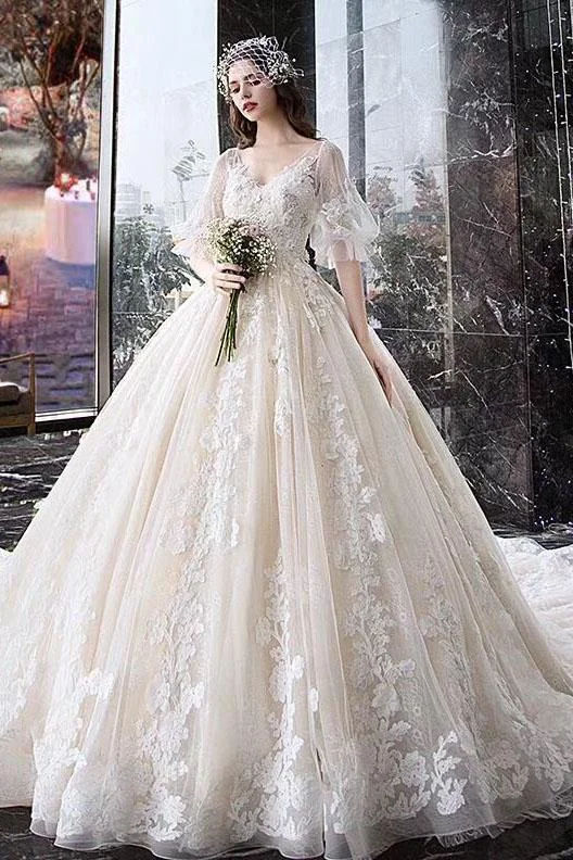 Princess Half Sleeve Ball Gown Wedding Dresses Appliques V Neck Bridal Dresses