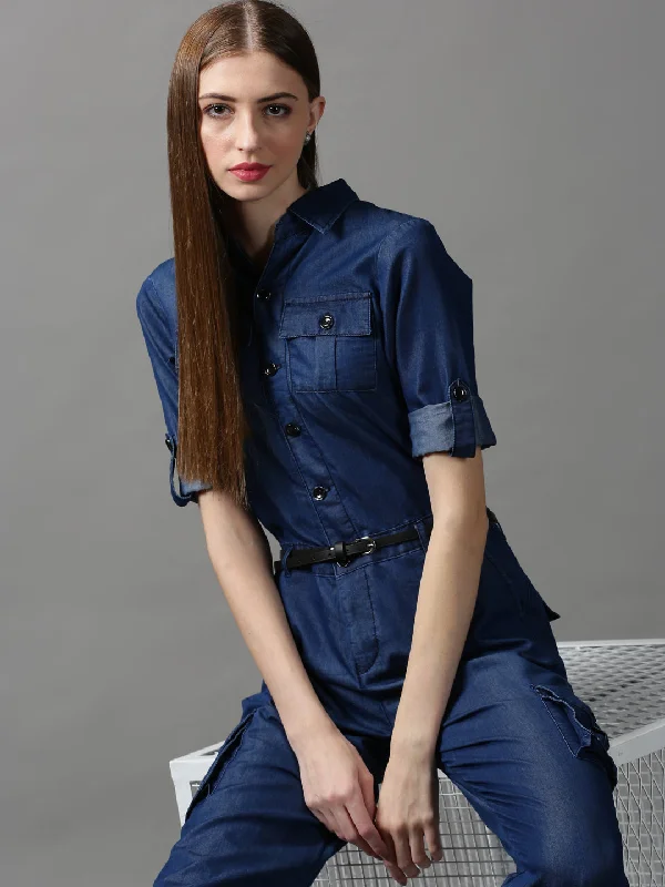 Women Shirt Collar Solid Navy Blue Basic Jumpsuit-LT-206-Navyblue