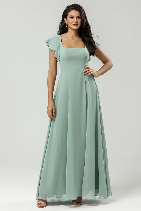 A-line square collar and floor chiffon slit bridesmaid dress