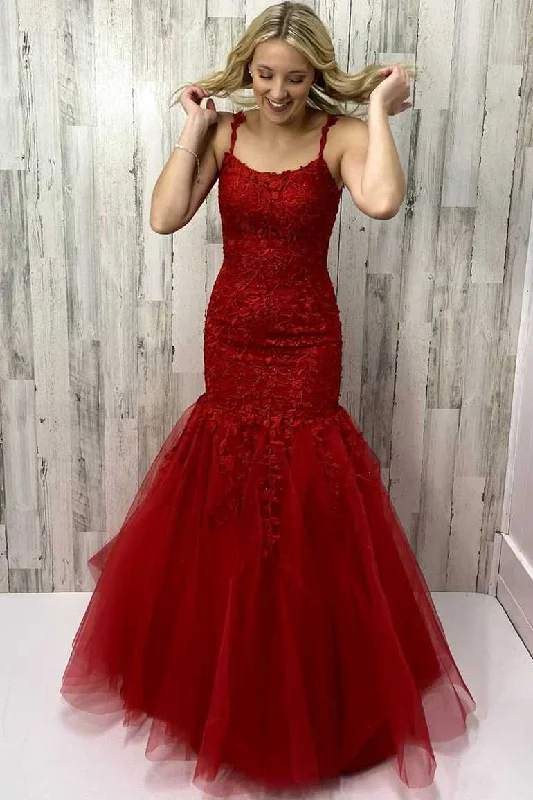 Trumpet Wine Red Appliques Long Formal Dress