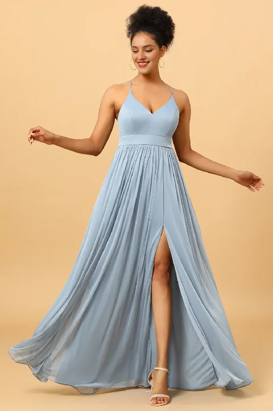 Grey blue pleated chiffon slit bridesmaid dress