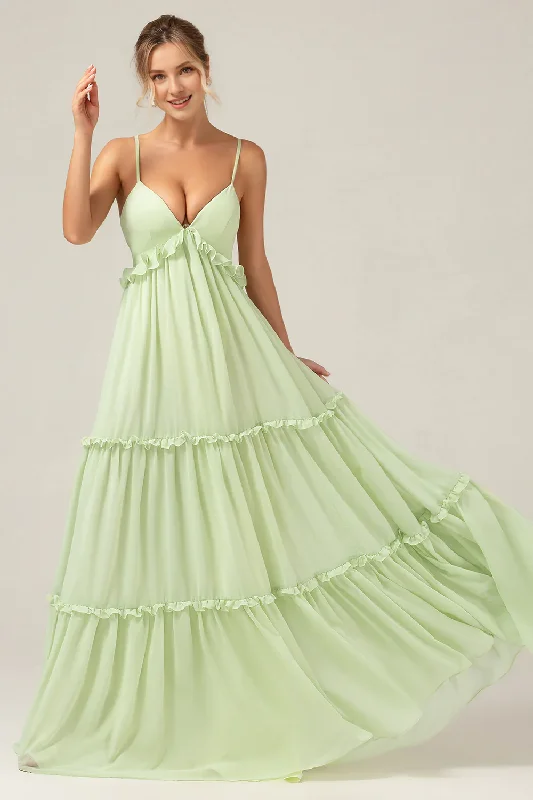 A-line thin shoulder strap backless long green ruffled bridesmaid dress