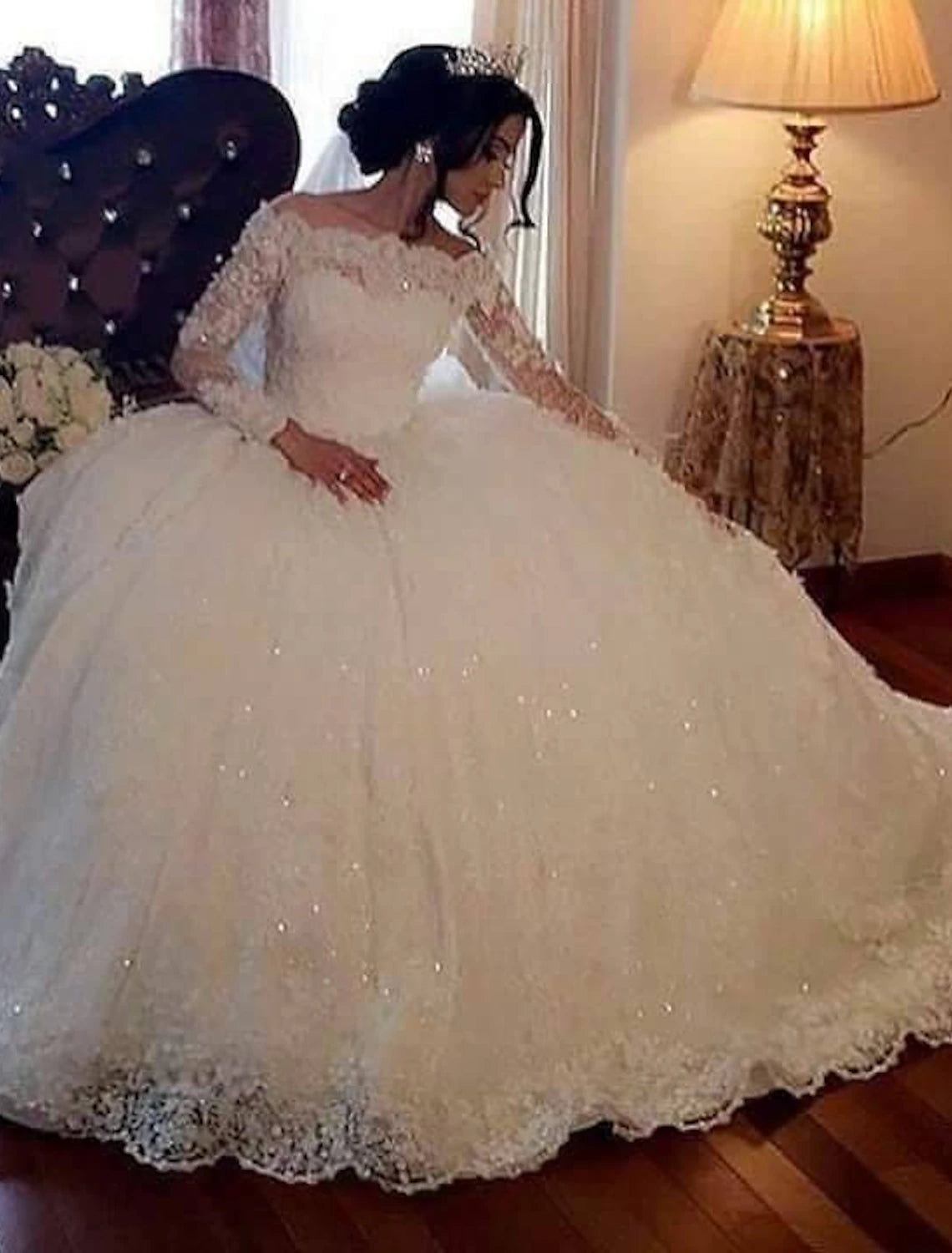 Engagement Formal Fall Wedding Dresses Ball Gown Off Shoulder Long Sleeve Floor Length Lace Bridal Gowns With Beading Sequin Summer Wedding Party, Women‘s Clothing