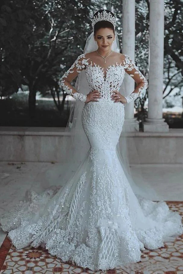 Long Sleeve Lace Wedding Dress Mermaid Beads Lace Appliques Wedding Gowns