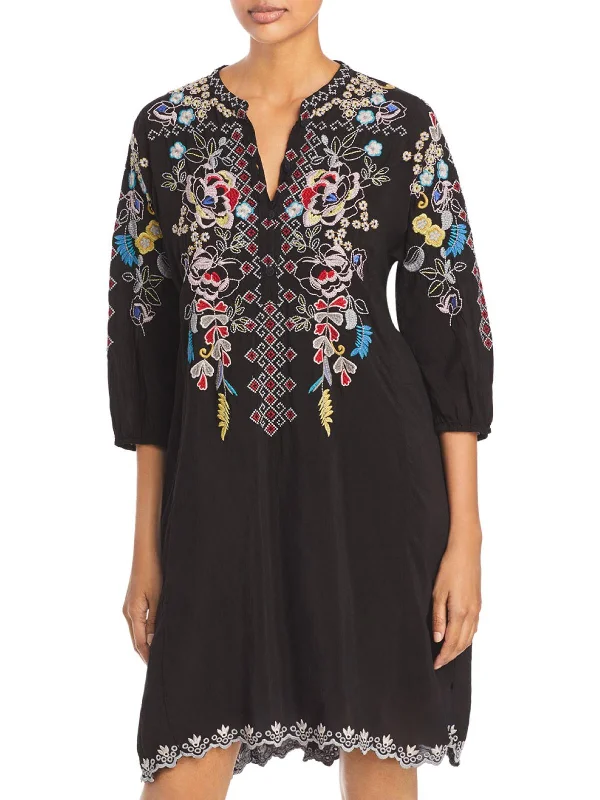 Nola Womens Embroidered Knee Midi Dress