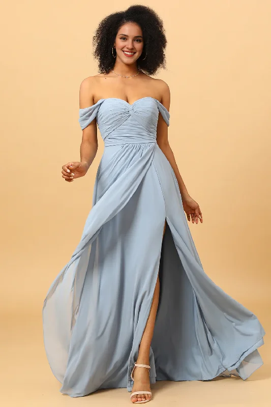 Grey blue A Line slit off shoulder chiffon bridesmaid dress