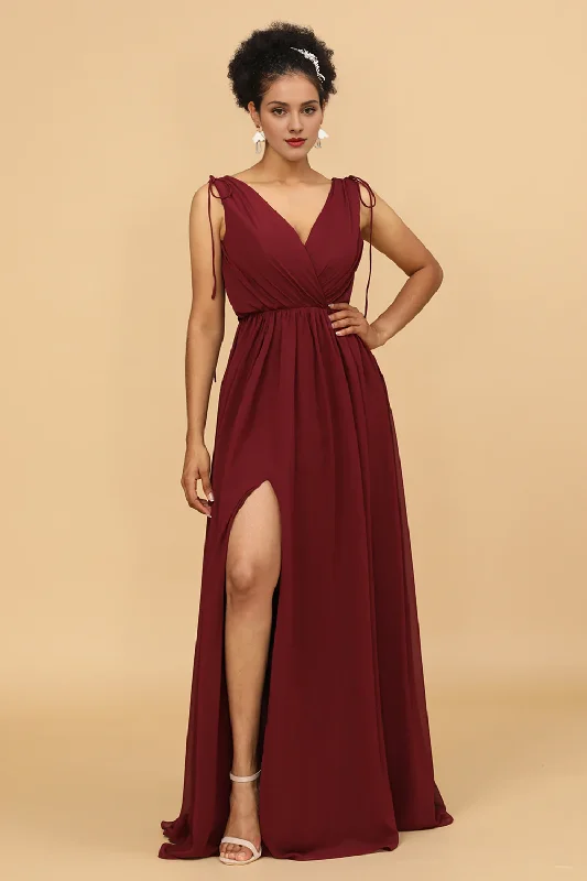 Wine red V-neck pleated long chiffon bridesmaid dress